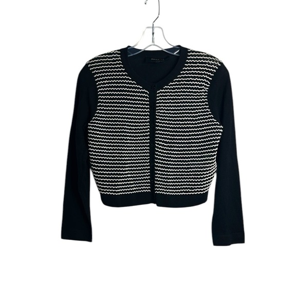 Paule Ka Black and White Stripe Wool Cropped Button Up Cardigan L Quiet Luxury - Picture 1 of 11